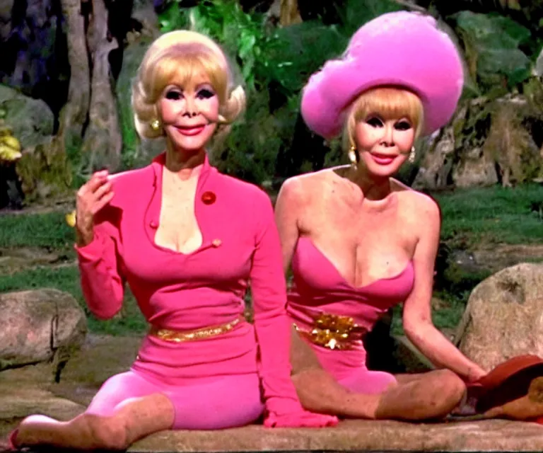 Image similar to barbara eden as jeannie is a guest - star on an episode of gilligan's island with gilligan and the skipper, video still, hyperrealistic, very detailed and lifelike