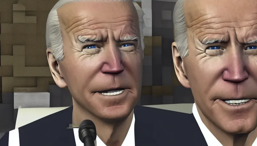 Image similar to joe Biden in Minecraft, close-up screenshot