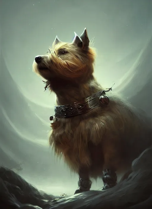 Image similar to norwich terrier as an viking, backround dark, highly detailed, digital illustration, trending in artstation, modern painting, smooth, sharp focus, intricate, by peter mohrbacher