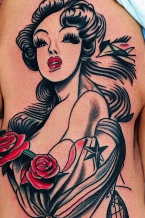 Prompt: traditional American tattoo of a pinup doll