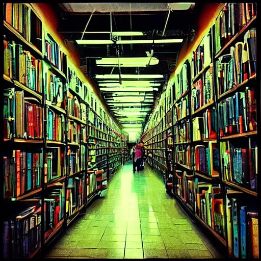 Prompt: “lost in a labyrinth that is Powell’s City of Books. Creepy liminal photo. Hyperrealistic, benchmark resolution photo”