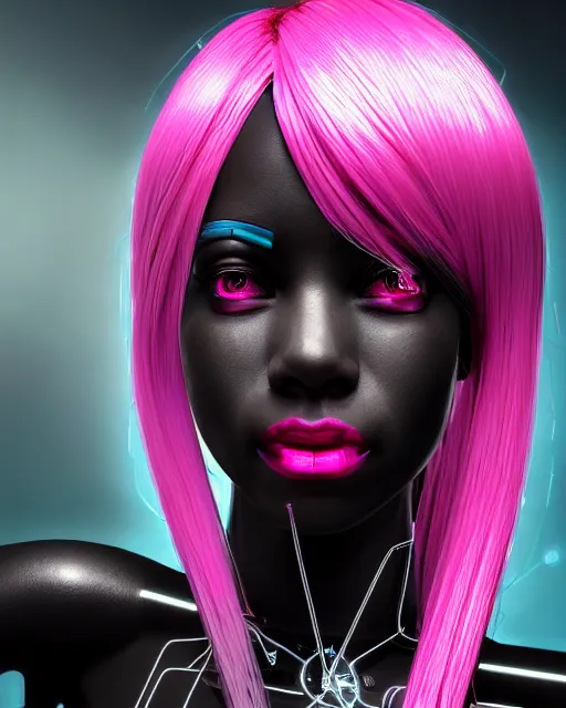 Image similar to portrait of a beautiful black woman with pink hair as a cyberpunk cyborg half robot, revealing wires and electronics, hooked - up, sci - fi, missing panels, intricate abstract upper body intricate artwork, concept art, octane render, deviantart, cinematic, key art, hyperrealism, iridescent accents, portrait photograph, nikon 3 5 mm, photograph by greg rutkowski