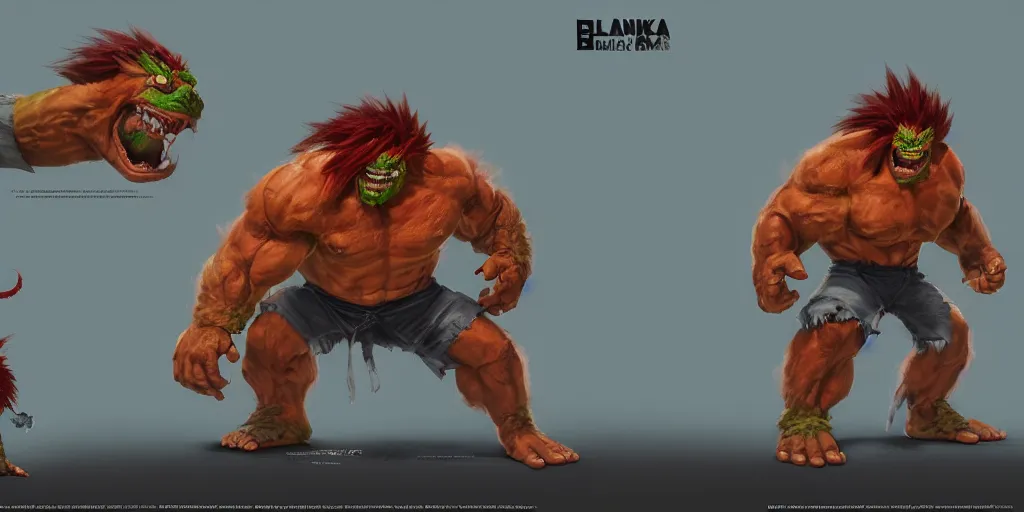 Prompt: blanka, character sheet, concept design, contrast, hot toys, kim jung gi, greg rutkowski, zabrocki, karlkka, jayison devadas, trending on artstation, 8 k, ultra wide angle, pincushion lens effect