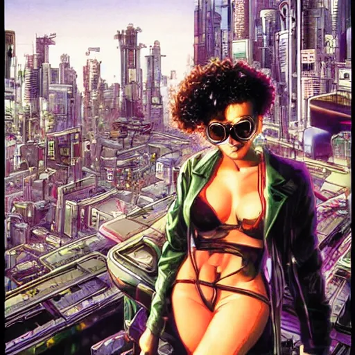 Prompt: Cyberpunk portrait of a curly-haired persian guy with golden round glasses and a cool petite caucasian brunette in the foreground of a cityscape of a futuristic city, by masamune shirow