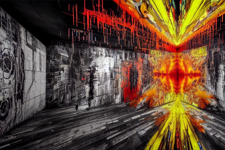 Prompt: the inside of a symmetrical hellish dungeon, multilayer glitch effect in spatial perceptron synapses, matte painting, 4 k, epic composition, volumetric light, abstract illusionism, by robert rauschenberg, konstantinas ciurlionis, jean - michel basquiat, pour paint, modern street art, grunge wall, industrial