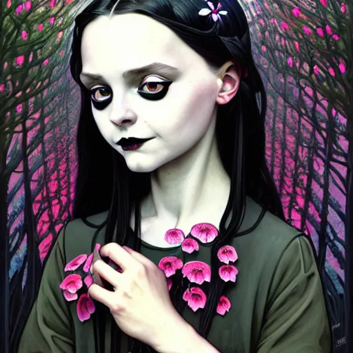 Image similar to a beautiful portrait painting of a ( gothic ) wednesday addams covered with flowers by simon stalenhag and pascal blanche and alphonse mucha!! and nekro!! and josan gonzalez in style of digital art. smooth illustration, film noirs, brush stroke, trichromatic colors, hyper detailed. octane render. trending on artstation