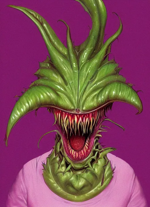 Image similar to portrait of Audrey II from Little Shop of Horrors (1986) in Society (1989), highly detailed, centered, solid color background, digital painting, artstation, concept art, smooth, sharp focus, illustration, artgerm, donato giancola, Joseph Christian Leyendecker, Les Edwards, Ed Repka, WLOP, Artgerm