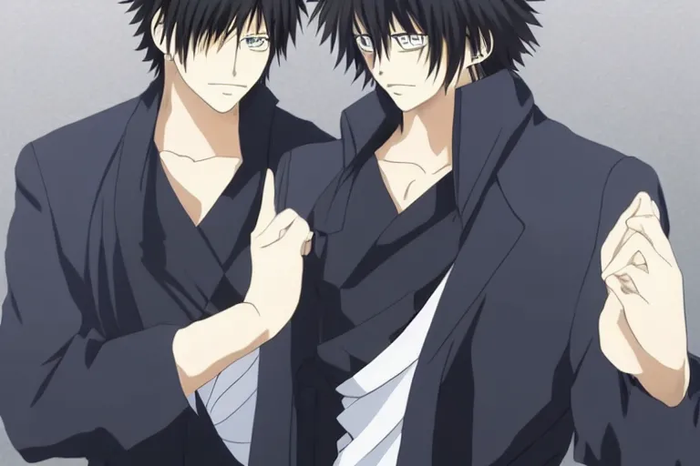 Image similar to A handsome man，Black short hair, blue eyes, Hijikata Toushirou of Gintama,Kyoto Animation