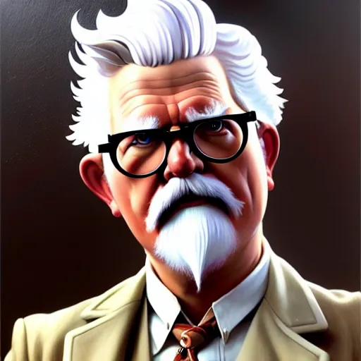 Image similar to epic portrait single colonel sanders explaining, redneck crowd for background, detailed, digital painting, artstation, concept art, donato giancola, joseph christian leyendecker, wlop, boris vallejo, breathtaking, high details, extremely detailed, beautiful, establishing shot, artistic, hyperrealistic, octane render