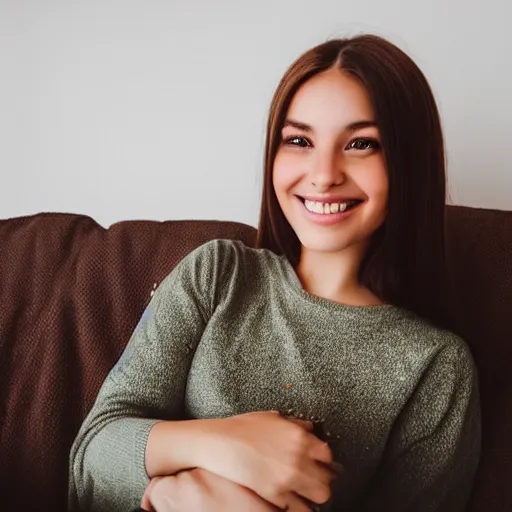 Image similar to a cute young woman smiling, long shiny bronze brown hair, full round face, green eyes, medium skin tone, light cute freckles, smiling softly, wearing casual clothing, relaxing on a modern couch, interior lighting, cozy living room background, medium shot, mid-shot, soft focus