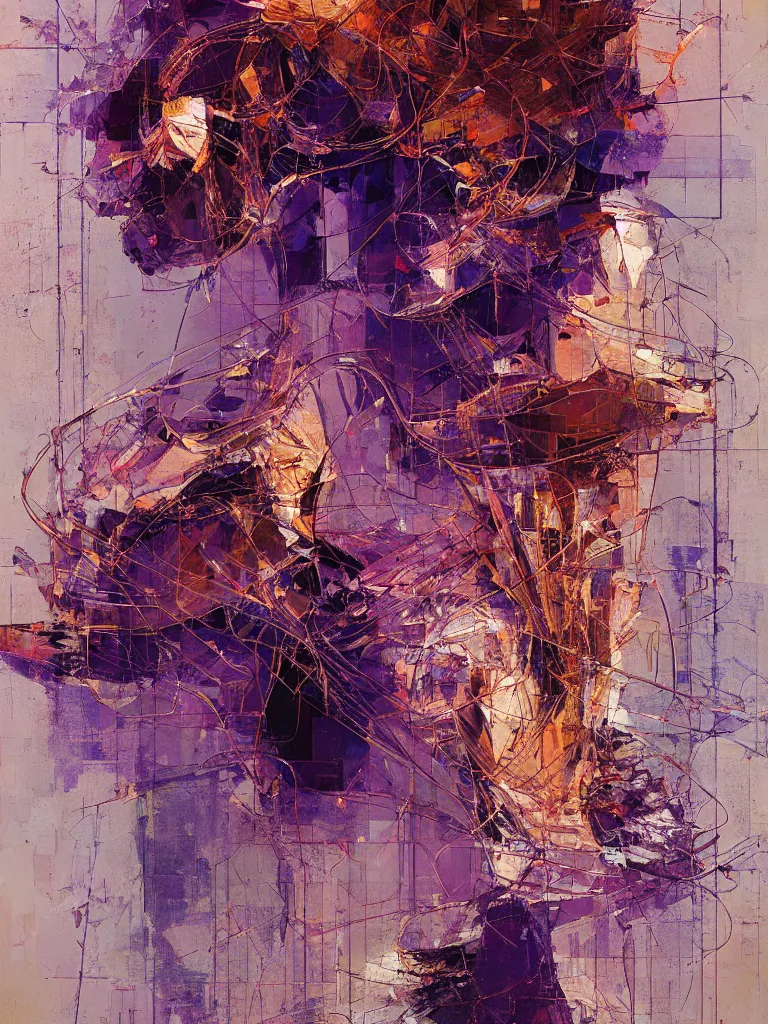 Image similar to a beautiful glitched abstract geometric painting by robert proch and robert heindel of an anatomy study of the human nervous system, color bleeding, pixel sorting, copper oxide and rust materials, brushstrokes by jeremy mann, cold top lighting, pastel purple background