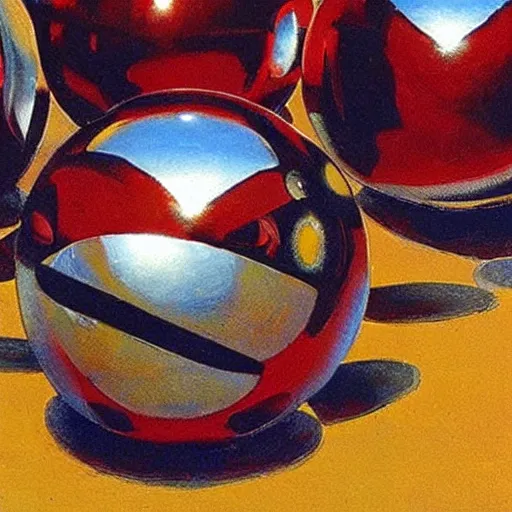 Prompt: chrome spheres on a red cube by mort kunstler