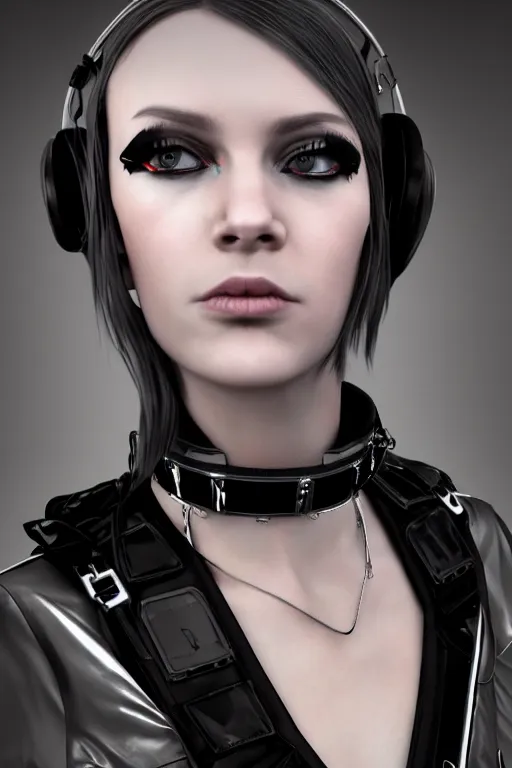 Image similar to detailed realistic female rock star cyberpunk wearing thick technological collar around neck, realistic, art, beautiful, 4K, collar, choker, collar around neck, punk, artstation, detailed, female, woman, choker, cyberpunk, neon, punk, collar, choker, collar around neck, thick collar, tight around neck, punk,