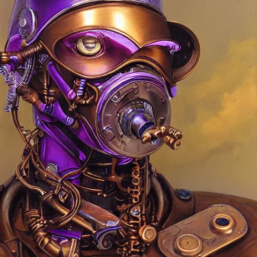 Image similar to portrait of a bronze steampunk android that emits purple fog, by donato giancola