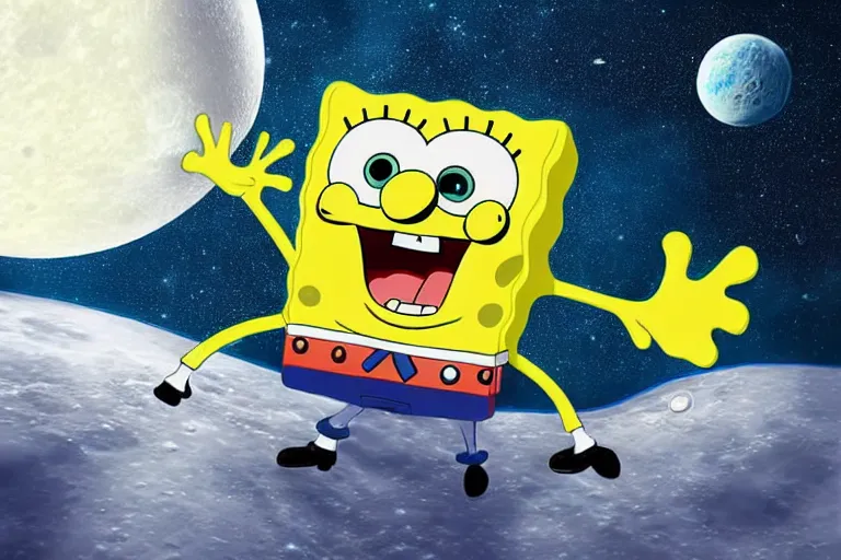 Prompt: Spongebob in spacesuit cosmonaught photorealistic moon surface, high detail, movie poster, lunar, silhouetted