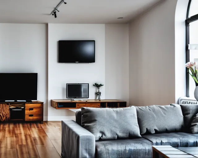 Prompt: Award winning photo of a living room with a TV of a flat abandoned a month ago, 4k, high quality