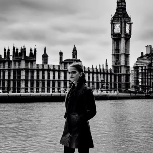 Image similar to Photograph of Emma Watson standing in front of Big Ben. Extremely detailed. Cinematic. 4K. Award winning photography.