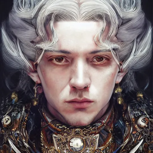 Image similar to portrait, headshot, insanely nice hair style, dramatic hair color, digital painting, of a old 17th century, old cyborg merchant, amber jewels, baroque, ornate clothing, scifi, realistic, hyperdetailed, chiaroscuro, concept art, art by Franz Hals and Jon Foster and Ayami Kojima and Amano and Karol Bak,