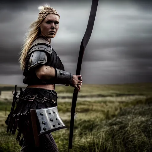 Image similar to a photograph of viking shield maiden in the battlefield, action movie, movie still, cinematic, filmic, dramatic, volumetric light