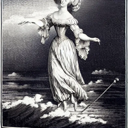 Prompt: A beautiful 19th century wood-engraving of Marie Antoinette levitating over the sea, by Édouard Riou Jules Férat and Henri de Montaut, highly detailed, fine Art, high detail, masterpiece, illustration, clear eyes, trending on artstation