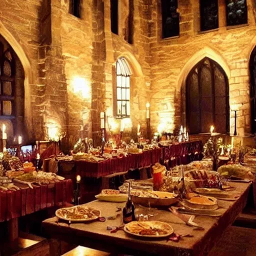 Image similar to feast for hundreds of people. candles, warm ambient light, hogwarts, beautiful, stone walls, hot food, delicious, steaming food on plates, gluttony