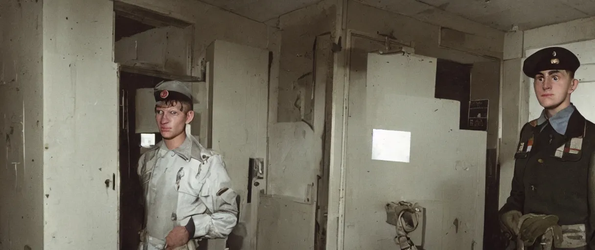 Image similar to a high quality color extreme creepy atmospheric wide dutch angle hd 4 k film 3 5 mm photograph of a young inexperienced caucasian military man standing in a doorway of a military breakroom in with a clipboard he looks young and experienced in 1 9 8 2