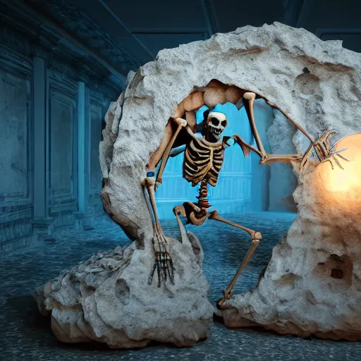 Prompt: a strange weird skeleton in a geode ), ( ultra realistic, ultra 4 k, provided by unreal engine, artstation, archeological discover, realisms, photography )