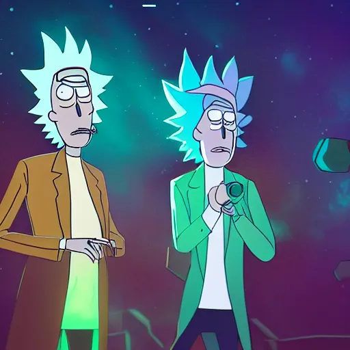 Image similar to portrait art of rick sanchez and morty, lens flare, atmosphere, glow, detailed, intricate, full of colour, cinematic lighting, 4 k, hyperrealistic, focused, extreme details, cinematic, masterpiece