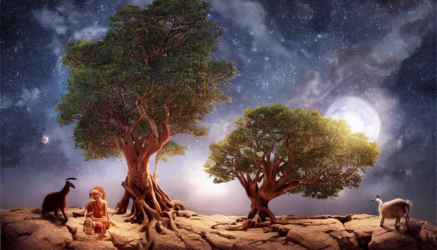 Image similar to very very small goat, sitting on a gigantic banyan tree in moonlit socotra island by ilya kuvshinov, starry night, rtx rendering, octane render 1 2 8 k, maya, extreme high intricate details by tom bagshaw, medium shot, close up shot, composition by sana takeda, lighting by greg rutkowski, midsommar