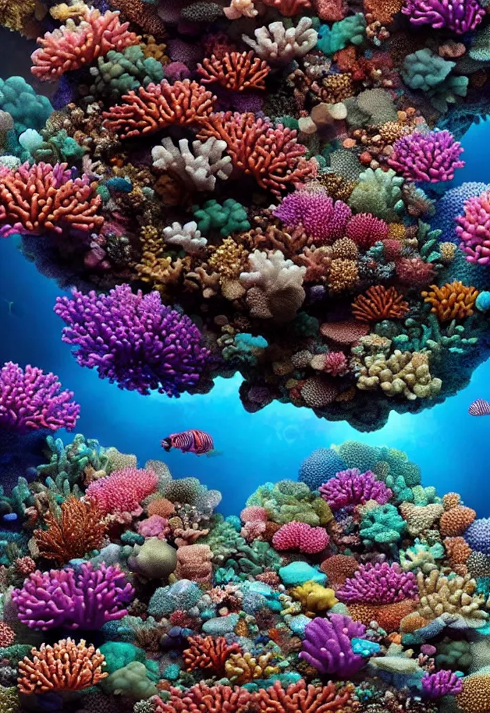 Image similar to A beautiful, hyperrealistic ultradetailed 3d render of an underwater coral reef made of iridescent crystals by stephen martiniere and Antonio Manzanedo, 8k, high detail, 3d render, vray, raytracing, unreal engine, volumetric lighting, ultrawide angle, featured on artstation, a diamond, transparent crystals, gems, cubic minerals, cubic crystals, colorful crystals, iridescent, epic scale