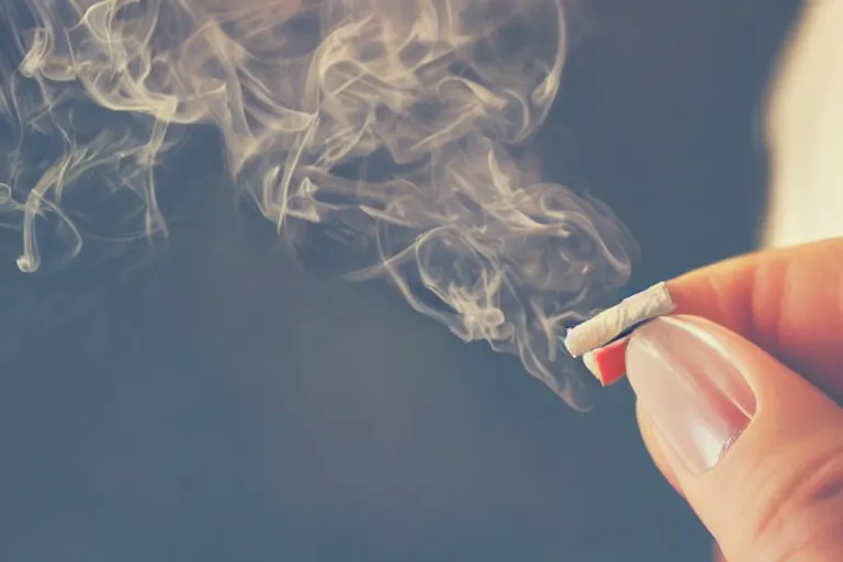 Image similar to Close-up of thin soft hand holding cigarette in it with smoke, hyper realistic, high details, photo, super resolution