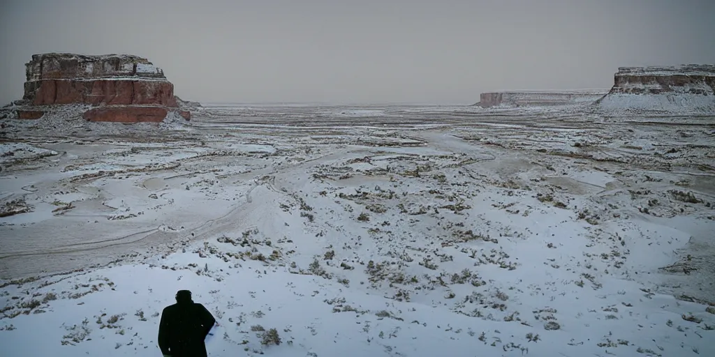 Image similar to photo of green river, wyoming cliffs covered in ice and snow, during a snowstorm. a old man in a trench coat and a cane appears as a hazy silhouette in the distance, looking back over his shoulder. cold color temperature. blue hour morning light, snow storm. hazy atmosphere. humidity haze. kodak ektachrome, greenish expired film, award winning, low contrast.