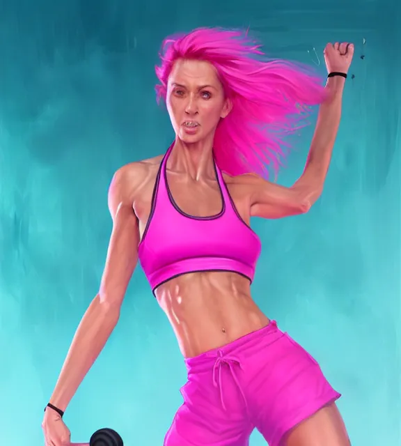 Prompt: female aerobics instructor, perfect face, 1 9 8 0 s hairsprayed hair, hot pink halter top, flowing hair, fit, cinematic, blush, stunning, agile, highly detailed, digital painting, artstation, smooth, hard focus, illustration, art by jessica rossier and and brian froud