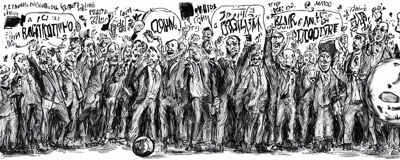 Image similar to a group of politicians awkwardly fumbling a soccer ball with rubber boots on their heads, a black and white political cartoon, ralph steadman