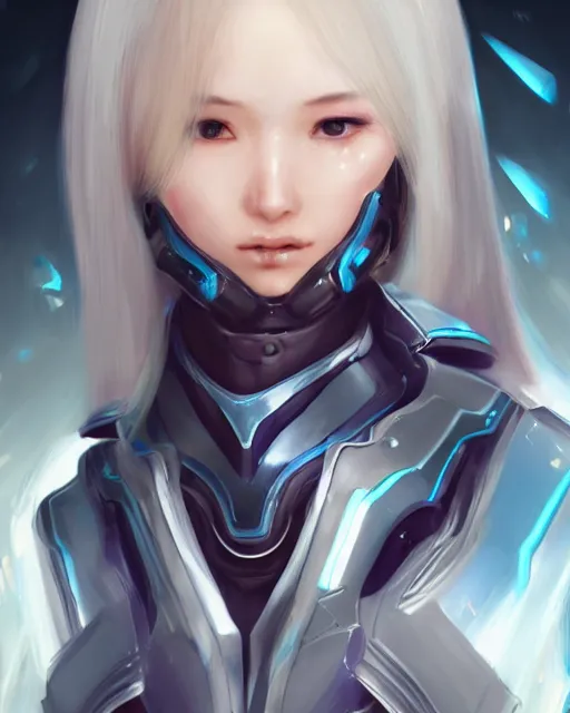 Image similar to perfect android girl, warframe armor, beautiful face, scifi, futuristic, galaxy, nebula, bae suzy, dreamy, long white hair, blue cyborg eyes, cinematic lighting, highly detailed, focused, artstation, divine, by gauthier leblanc, kazuya takahashi, huifeng huang, jama jurabaev