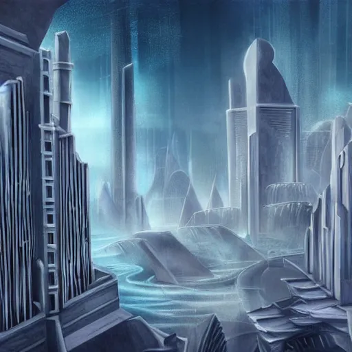 Prompt: fantasy rendering of art deco brutalist city atlantis rising, torrent, maelstrom, chiseled formations, atmospheric, ambient, frost, matte painting