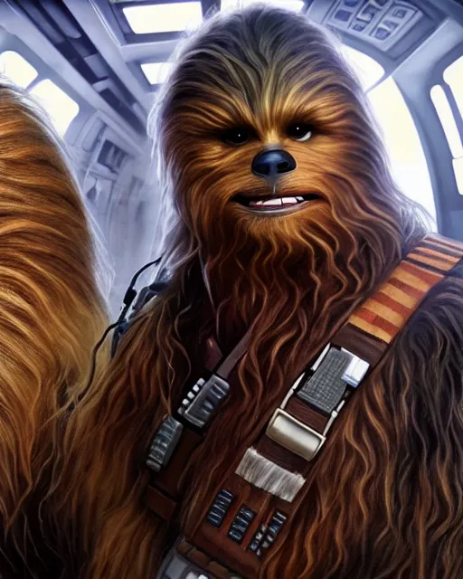 Image similar to portrait of han solo and chewbacca on the millennium falcon, harrison ford,, star wars, gta v, hyper realistic, ambient lighting, concept art, intricate, hyper detailed, smooth, action, volumetric lighting, george lucas, arney fretag, ralph mcquarrie, octane