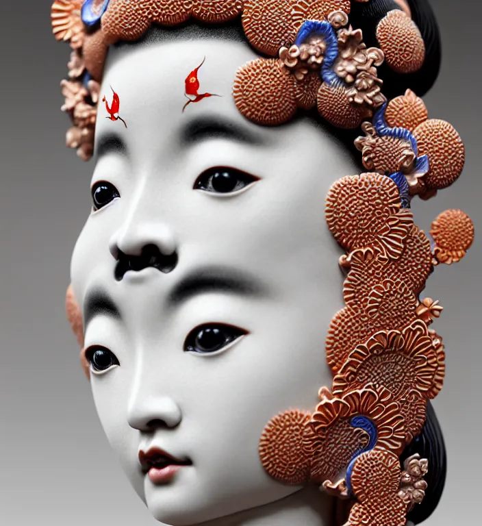 Prompt: Geisha, A Close up photo-real delicate ceramic porcelain sculpture of a symmetrical ornate detailed in front of an intricate background by Victo Ngai and takato yamamoto, micro detail, backlit lighting, face in focus, subsurface scattering, translucent, thin porcelain, octane renderer, colorful, physically based rendering, japanese pottery, trending on cgsociety