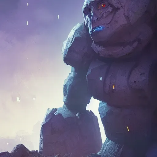 Prompt: a stone golem with blue glowing eyes, dramatic lighting, cinematic, establishing shot, extremely high detail, photo realistic, cinematic lighting, post processed, concept art, artstation, matte painting, style by eddie mendoza, raphael lacoste, alex ross