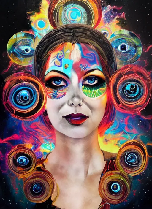 Image similar to collage of gorgeous magic cult psychic woman smiling, third eye, energetic consciousness psychedelic, epic surrealism expressionism symbolism, story telling, iconic, dark robed, oil painting, symmetrical face, dark myth mythos, by Sandra Chevrier masterpiece cutout layering