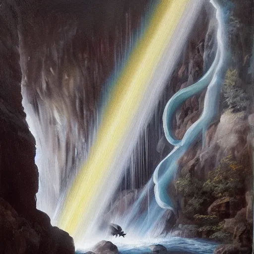 Image similar to oil painting of a dragon flying in the air near a cave with a waterfall in the center, light emanating from the waterfall leading to a big pool of water, dragon has black and white siberian tiger stripes, elegant, sharp focus, wide shot, clear, detailed, early renaissance