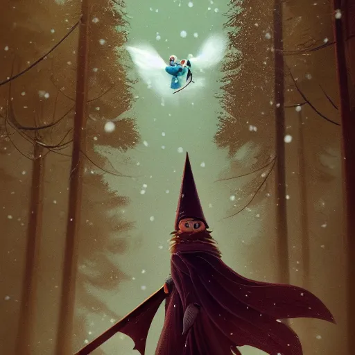 Image similar to wizard, flying on the broom, front view, trees, snowing, artstation