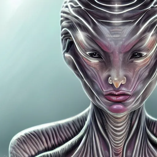 Image similar to A beautiful detailed digital painting of an alien woman, realistic character concept