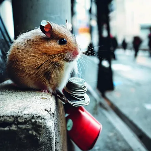 Image similar to “ hamster dressed as a homeless person sitting at an intersection with arms stretched out holding a tin can ”