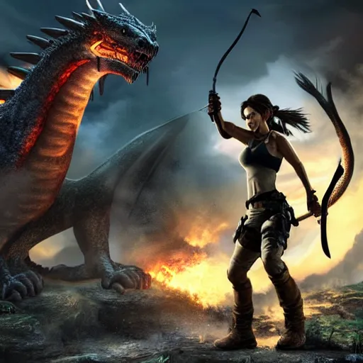 Image similar to lara croft fights a dragon, high quality concept art