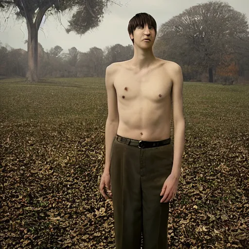Prompt: a portrait of light yagami with background scenery by juergen teller, iris van herpen