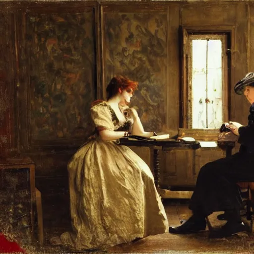 Prompt: man and woman solving an escape room riddle by alfred stevens