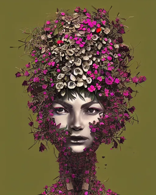 Prompt: organic robot woman portrait overgrown flowers ivy, petros afshar