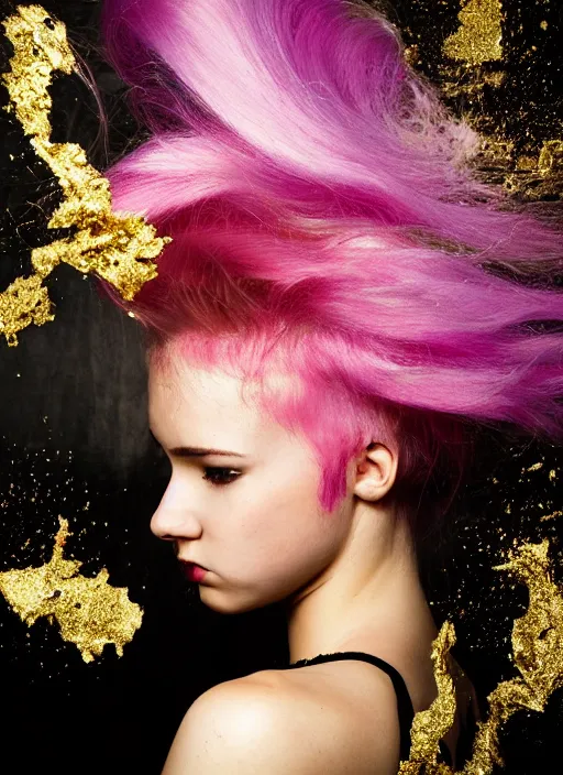 Image similar to a dramatic lighting photo of a beautiful young woman with cotton candy hair. gold splashes. moody, melanchonic. with a little bit of gold and black