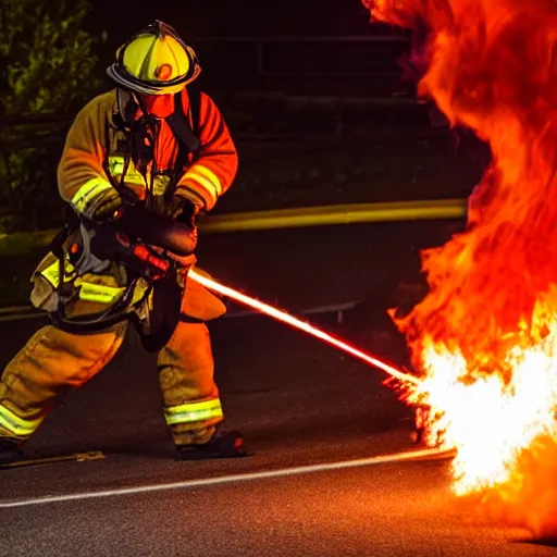 Prompt: photo of a firefighter using a flamethrower projecting a long bright flame. award-winning, highly-detailed